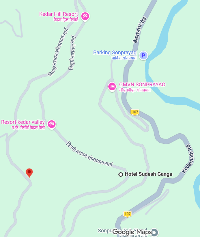 Google map image showing distance of Hotel Sudesh Ganga, Luxury Hotel in sonprayag to Arrow Helipad